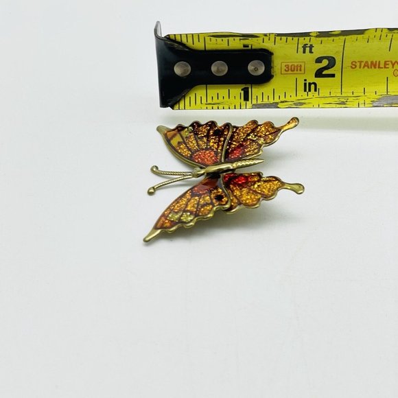 Orange Glitter Butterfly Pin Brass Tone Enameled Nature Garden Trees Flowers - Picture 6 of 6